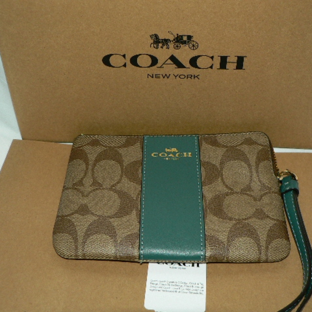 ♦Coach VTG Corner Zip Wristlet F58035-Khaki & Dark Turquoise- Brand New With Tag - Picture 1 of 16